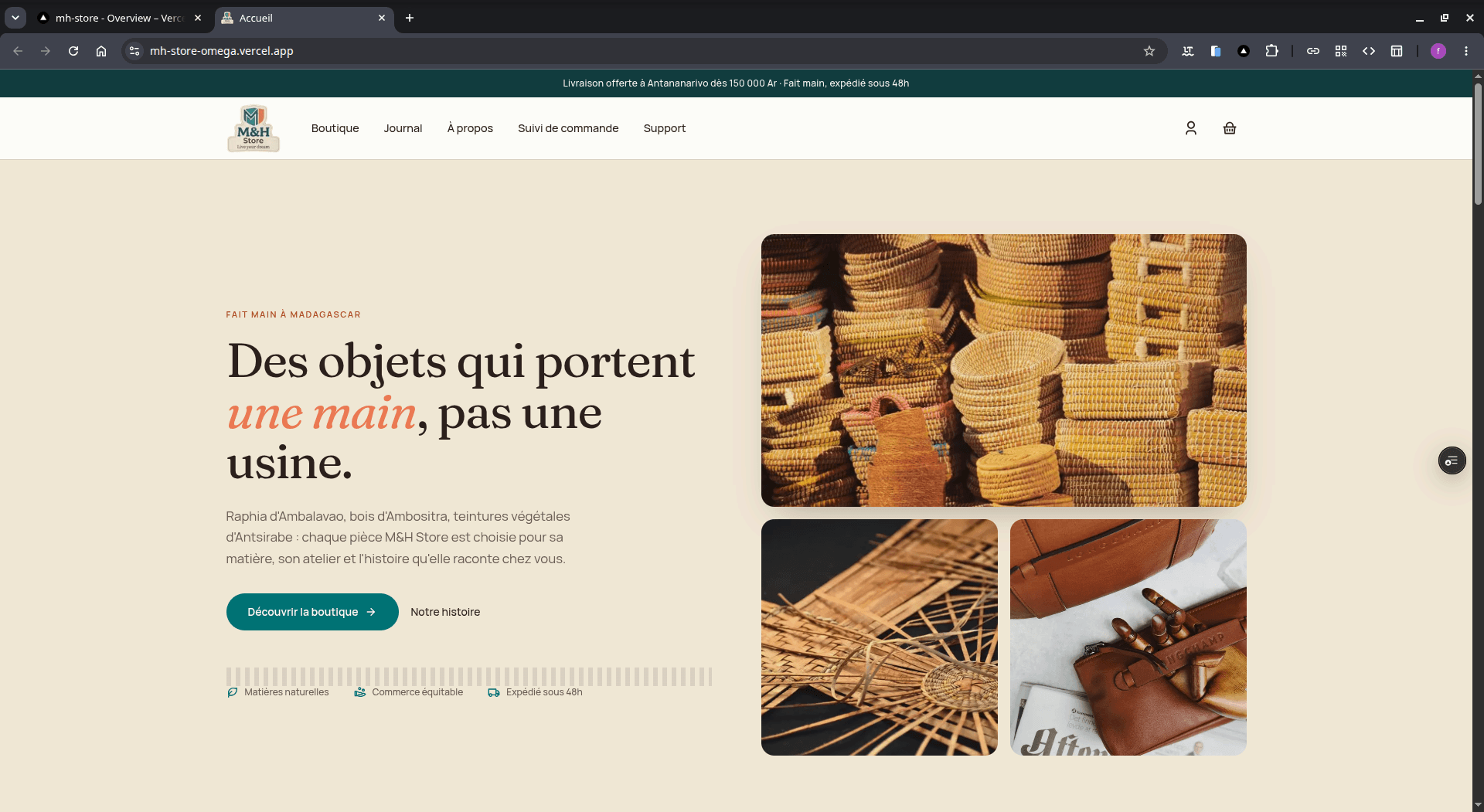 Page d'accueil du site e-commerce M&H Store