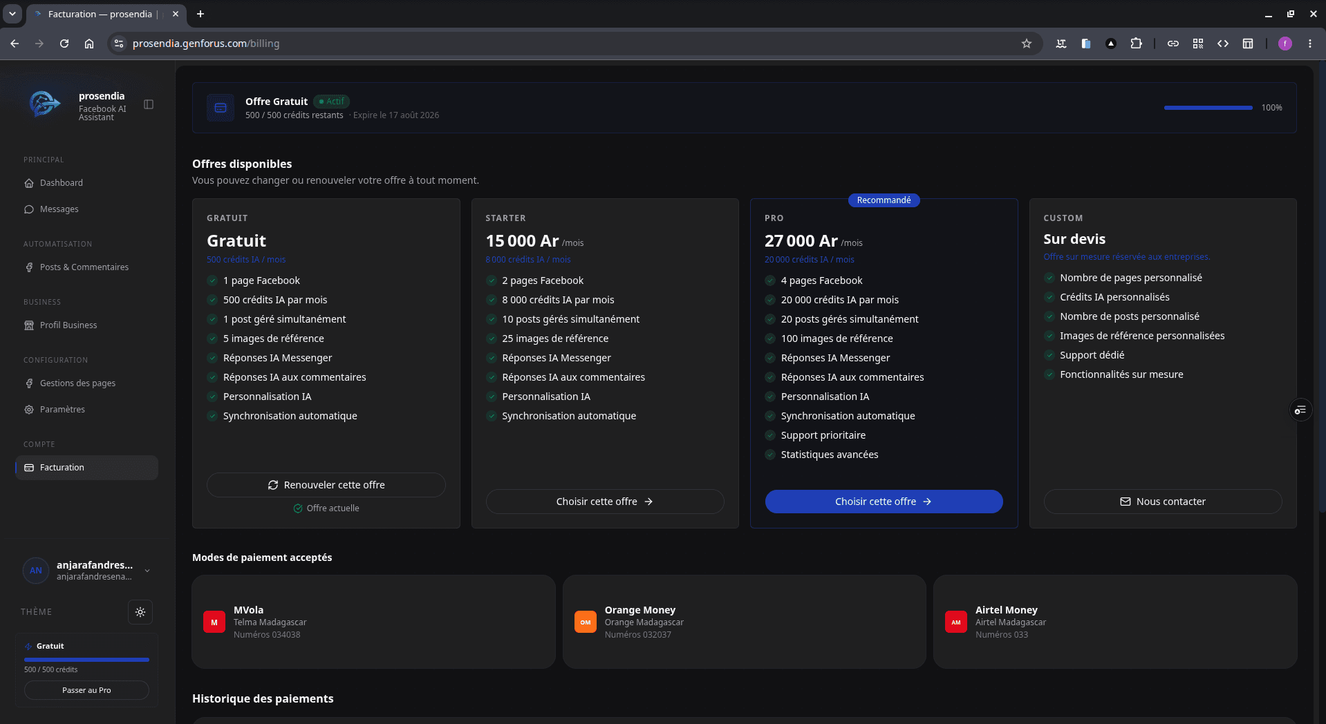 Interface de Prosendia